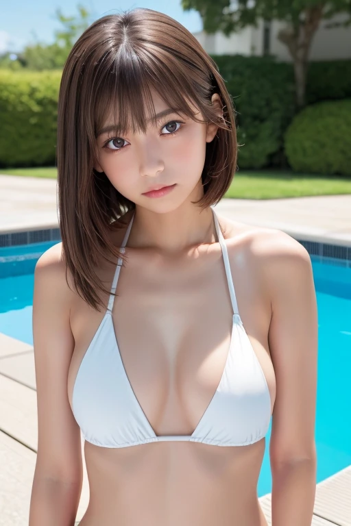 Highest quality, RAW Photos, Realistic, face, Incredibly beautiful girl, cute, length Hair,ponytail，Written boundary depth, High resolution, 超detailed, detailed, Very detaileded, extremely detaileded eye and face, Sharp pupils, Realistic students, Sharp focus, Cinema Lighting, Japanese, Short Woman,  Physical build, Short arms, length, Narrow eyes, Fleeting atmosphere, , Brown Bob Hair, ((thin唇)), White top and bottom underwear, masterpiece, Highest quality, detailedな肌, detailedなface, fine grain, 8K, Excellent anatomy, Upper body portrait，flat breasts, small breasts, small,( small bust: 1.2), small bust, (slim, small, flat, small), thin, Delicate and sexy collarbone, One Girl, (beautiful girl, Delicate girl:1.3), (12 years old, (ワンピースSwimwear, Swimwear:1.2),
break, (Pool:1.3),
break, Very beautiful eyes, (Symmetrical eyes:1.3),
break, small胸, Brown eyes, Parted bangs, Brown Hair, (Upper teeth, 最高の笑face:0.2),
break, (目とfaceの細部まで:1.0),
break, (masterpiece, Highest quality, 超detailed, detailedなface, 8K)