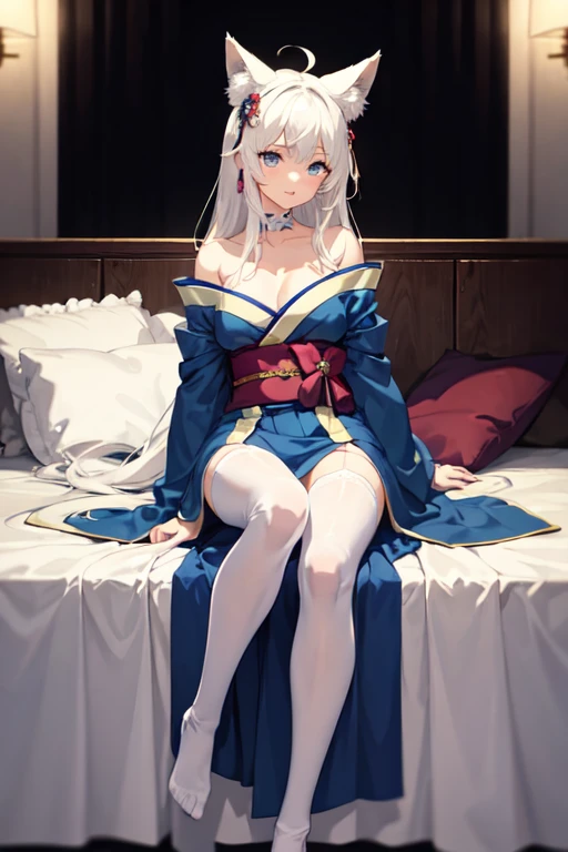 ((best quality)), ((masterpiece)), (detailed), Anime -yeld giwith white hair and blue eyes sitting on the bed, Fox tail，Fox ears，long hair ，headgear, Waist ornaments，Anime style 4k, Elegant light blue kimono,Over-the-knee lace white stockings，Off-shoulder, Best anime 4K wallpapers, Anime Art Wallpaper ，Sitting，right foot on left foot，Shy，whole body