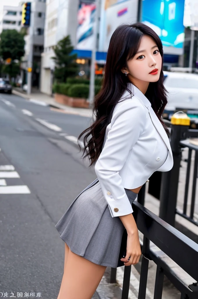 a 17 year old girl, she is the most beautiful actress in the world, the perfect body proportions of this girl, the things she wears are formal, her upper body with it's large breasts are covered 100% by the shirt under the blazer, her crotch between her bare legs are hidden just 99% by short skirt, the blazer is firmly closed and buttoned up on her waist, it's only one description of one body, it's from right above her head to right below her shins are within frame, all her body is looking forward to viewer, she is standing at the city street, nsfw, best quality, highly detailed, masterpiece, ultra high res, photo realistic, 8k, RAW photo