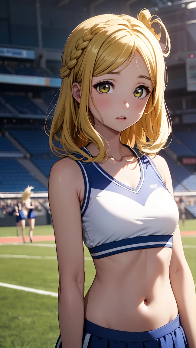 medium breasts, ohara mari, hair rings, blonde hair, yellow eyes, crown braid, medium hair,  (cheerleader:1.2, collarbone, midriff, sleeveless, miniksirt), school field, looking at viewer, cowboy shot, (masterpiece), best quality, high resolution, unity 8k wallpaper, (illustration:0.8), (beautiful detailed eyes), extremely detailed face, perfect lighting, extremely detailed CG, surprised, shocked