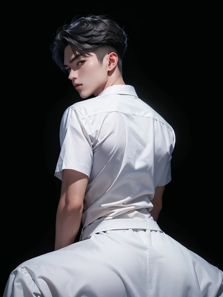 ((best quality, 8K, masterpiece: 1.3)), (sharp focus: 1.2), Korean Men, matchless, black hair, 뱀파이어처럼 엄청 White skin, Temptation, black shirt, black background, White skin, natural expression, looking down, Asian face, looking back
