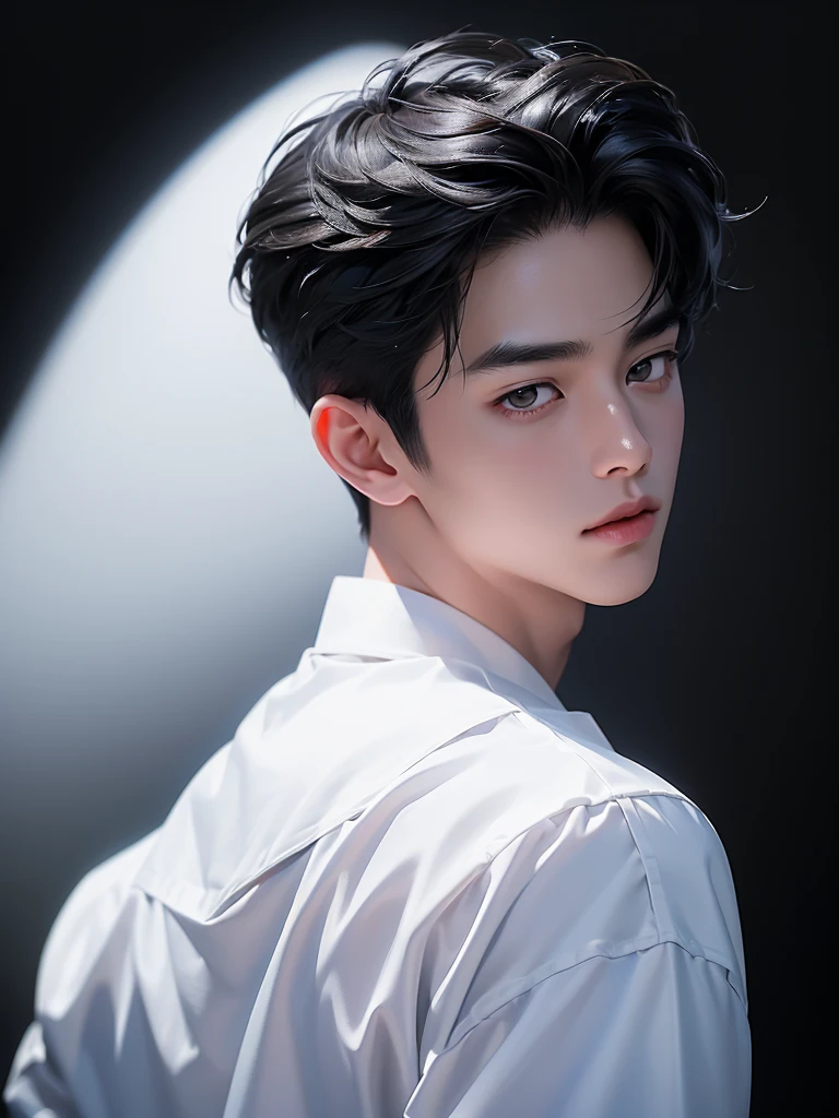 ((best quality, 8K, masterpiece: 1.3)), (sharp focus: 1.2), Korean Men, matchless, black hair, 뱀파이어처럼 엄청 White skin, Temptation, black shirt, black background, White skin, natural expression, looking down, Asian face, looking back