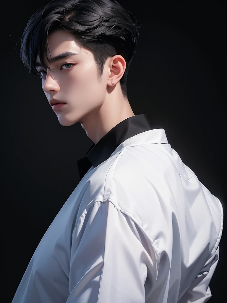 ((best quality, 8K, masterpiece: 1.3)), (sharp focus: 1.2), Korean Men, matchless, black hair, 뱀파이어처럼 엄청 White skin, Temptation, black shirt, black background, White skin, natural expression, looking down, Asian face, looking back