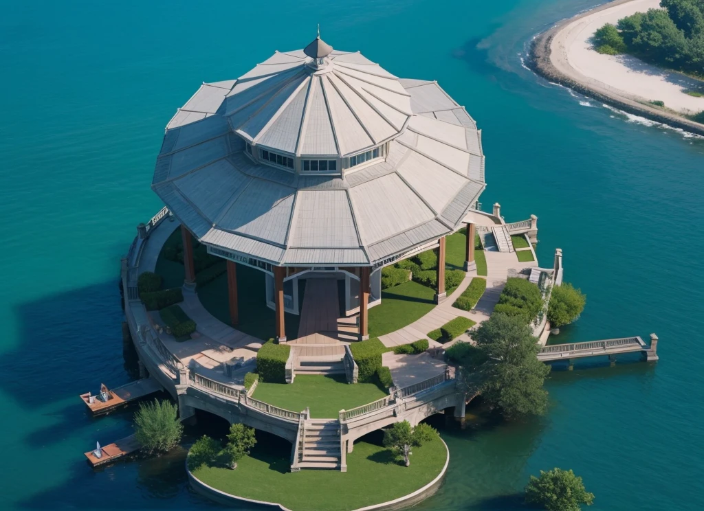 Middle of the lake,There is a modern style pavilion,There is a seating area in the pavilion.,Real material,Ultra-detailed scenes,4K,real picture