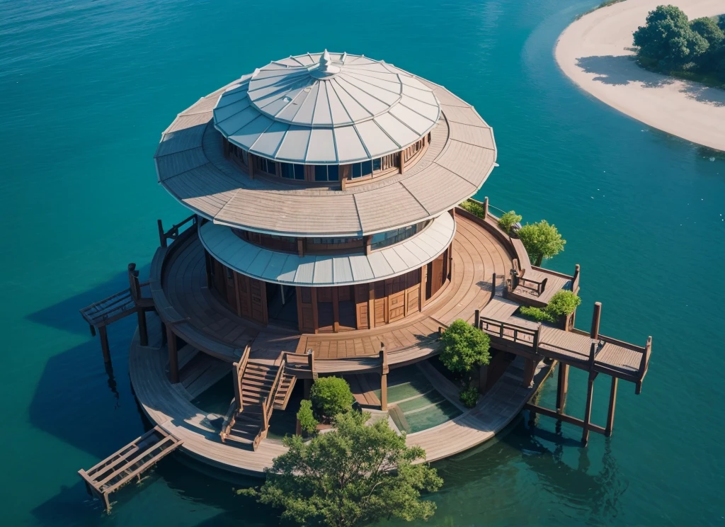 Middle of the lake,There is a modern style pavilion,There is a seating area in the pavilion.,Real material,Ultra-detailed scenes,4K,real picture
