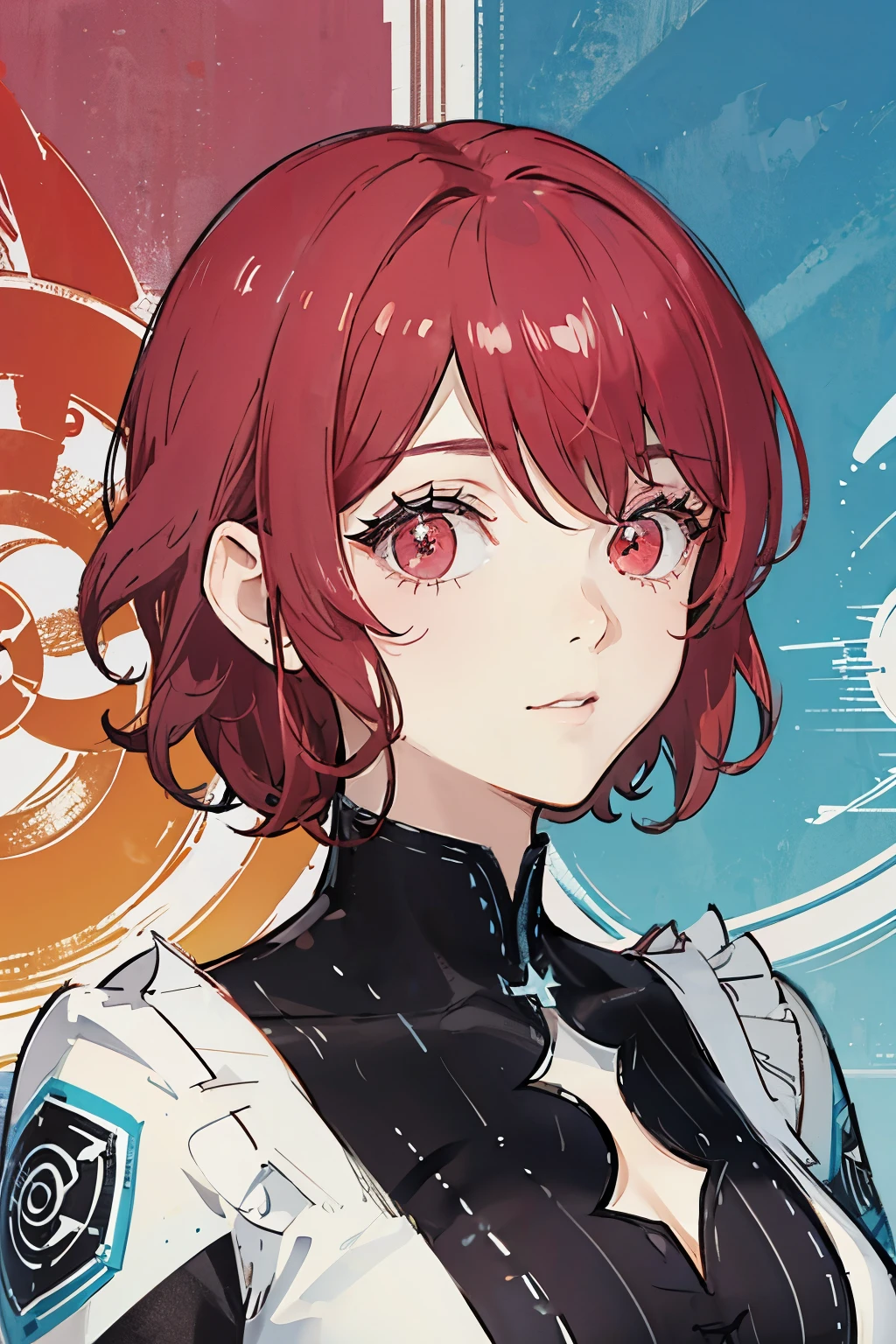 Avatar bust,,Bright colors,Red eyes,Slightly curly short hair