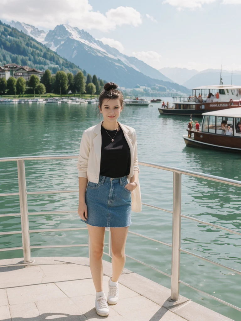 her name is Amelie, high quality, 1girl, ((20-year-old fit Caucasian woman)), ((20 years old)), ((fit)), ((Half-Up Bun dark hair)), pose: standing, wearing stylish Generation-Z modern wear light colored, BACKGROUND:"At Lake Zurich, with the Swiss Alps in the background and picturesque boats sailing on the lake."