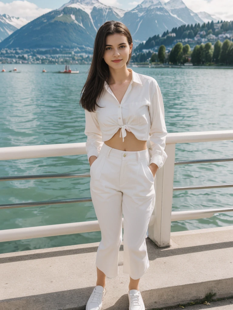 her name is Amelie, high quality, 1girl, ((20-year-old fit Caucasian woman)), ((20 years old)), ((fit)), ((Half-Up Bun dark hair)), pose: standing, wearing stylish Generation-Z modern wear light colored, BACKGROUND:"At Lake Zurich, with the Swiss Alps in the background and picturesque boats sailing on the lake."