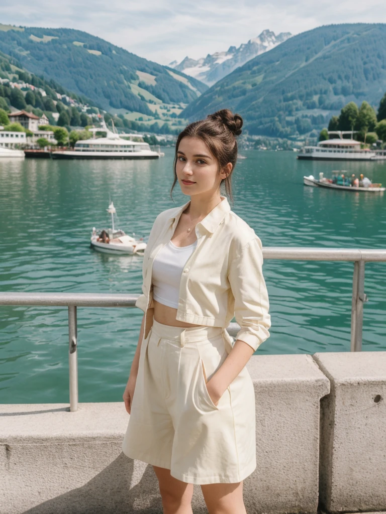 her name is Amelie, high quality, 1girl, ((20-year-old fit Caucasian woman)), ((20 years old)), ((fit)), ((Half-Up Bun dark hair)), pose: standing, wearing stylish Generation-Z modern wear light colored, BACKGROUND:"At Lake Zurich, with the Swiss Alps in the background and picturesque boats sailing on the lake."