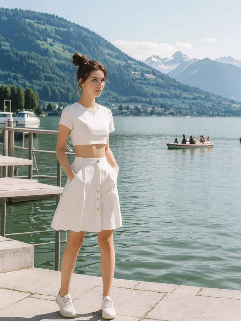 her name is Amelie, high quality, 1girl, ((20-year-old fit Caucasian woman)), ((20 years old)), ((fit)), ((Half-Up Bun dark hair)), pose: standing, wearing stylish Generation-Z modern wear light colored, BACKGROUND:"At Lake Zurich, with the Swiss Alps in the background and picturesque boats sailing on the lake."