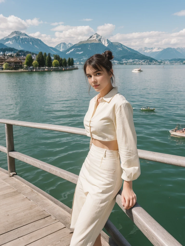 her name is Amelie, high quality, 1girl, ((20-year-old fit Caucasian woman)), ((20 years old)), ((fit)), ((Half-Up Bun dark hair)), pose: standing, wearing stylish Generation-Z modern wear light colored, BACKGROUND:"At Lake Zurich, with the Swiss Alps in the background and picturesque boats sailing on the lake."