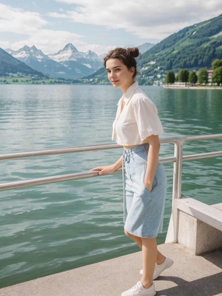 her name is Amelie, high quality, 1girl, ((20-year-old fit Caucasian woman)), ((20 years old)), ((fit)), ((Half-Up Bun dark hair)), pose: standing, wearing stylish Generation-Z modern wear light colored, BACKGROUND:"At Lake Zurich, with the Swiss Alps in the background and picturesque boats sailing on the lake."