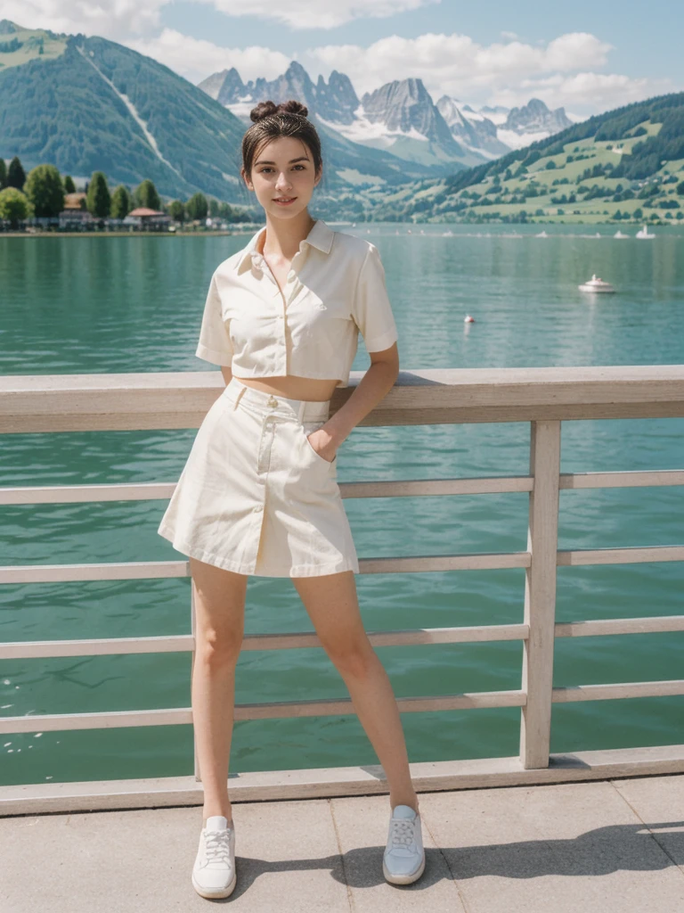 her name is Amelie, high quality, 1girl, ((20-year-old fit Caucasian woman)), ((20 years old)), ((fit)), ((Half-Up Bun dark hair)), pose: standing, wearing stylish Generation-Z modern wear light colored, BACKGROUND:"At Lake Zurich, with the Swiss Alps in the background and picturesque boats sailing on the lake."