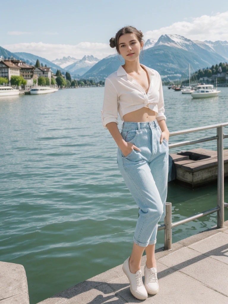 her name is Amelie, high quality, 1girl, ((20-year-old fit Caucasian woman)), ((20 years old)), ((fit)), ((Half-Up Bun dark hair)), pose: standing, wearing stylish Generation-Z modern wear light colored, BACKGROUND:"At Lake Zurich, with the Swiss Alps in the background and picturesque boats sailing on the lake."