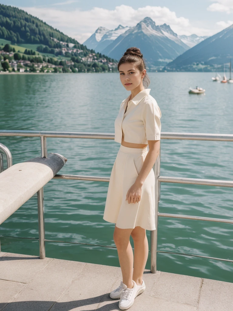 her name is Amelie, high quality, 1girl, ((20-year-old fit Caucasian woman)), ((20 years old)), ((fit)), ((Half-Up Bun dark hair)), pose: standing, wearing stylish Generation-Z modern wear light colored, BACKGROUND:"At Lake Zurich, with the Swiss Alps in the background and picturesque boats sailing on the lake."