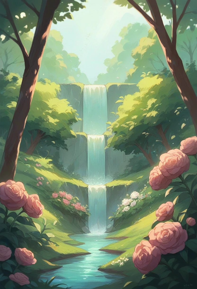 Walking through a mysterious forest。Beautiful flowers blooming all around。The sky is clear and the sunlight is dazzling。A waterfall can be seen in the distance, creating a mysterious world view.。