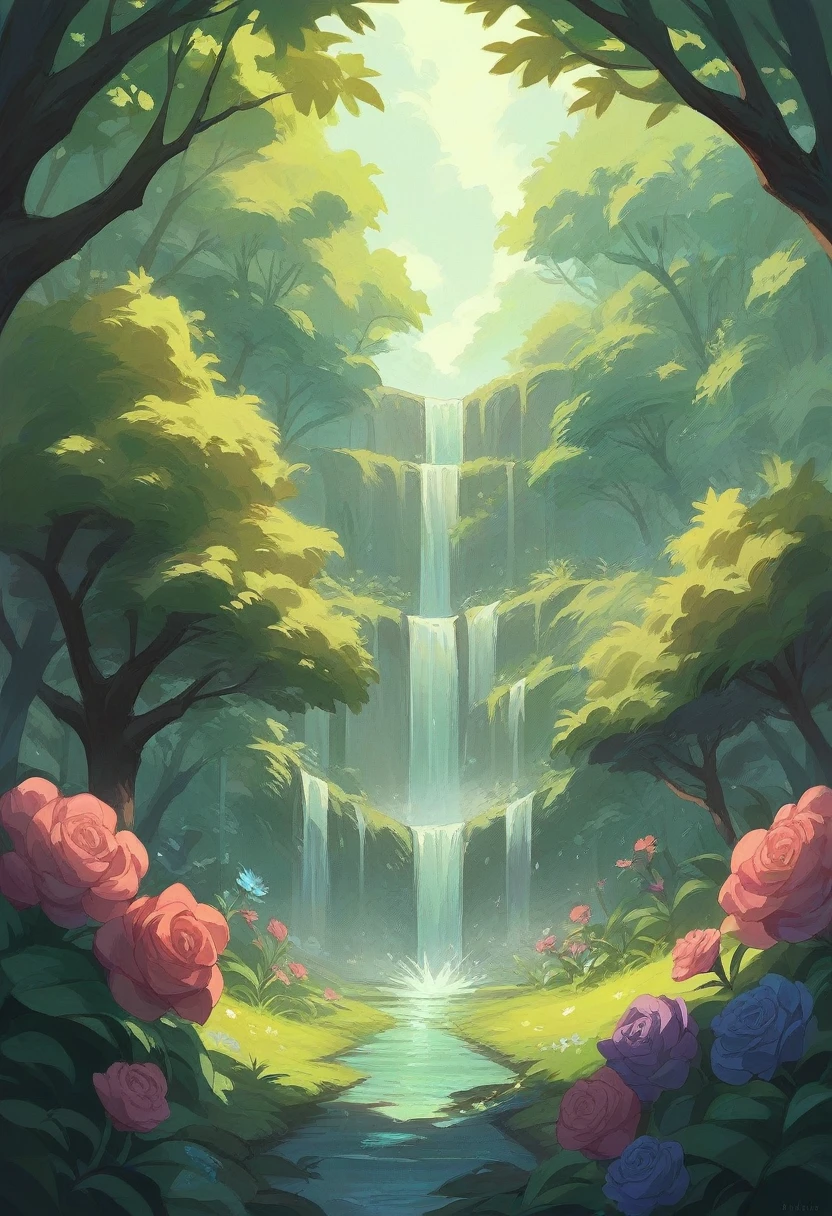 Walking through a mysterious forest。Beautiful flowers blooming all around。The sky is clear and the sunlight is dazzling。A waterfall can be seen in the distance, creating a mysterious world view.。　　　　　　　