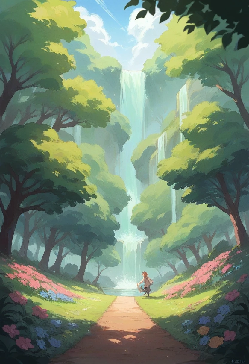 Walking through a mysterious forest。Beautiful flowers blooming all around。The sky is clear and the sunlight is dazzling。A waterfall can be seen in the distance, creating a mysterious world view.。　　　　　　　