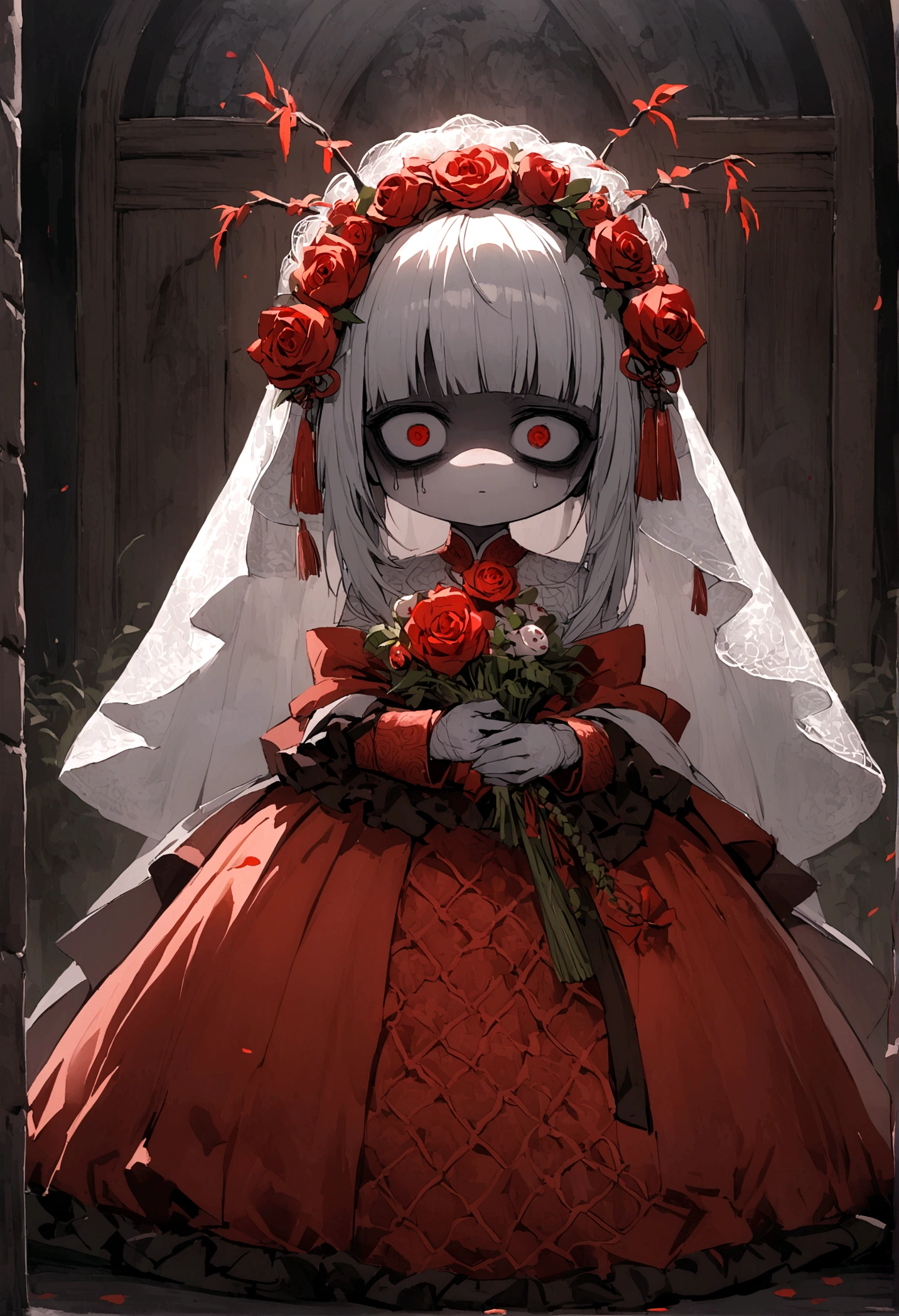 ((Chinese style)),Horror atmosphere,Bride in Red,net,wedding,Ghost Bride,Gloomy face
