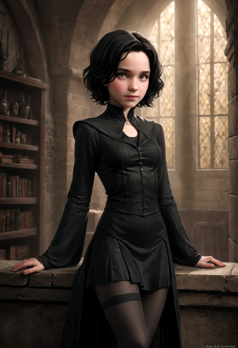 a young 9-year-old daughter of severus snape, pointy ears,Bigboobs,Two legs,Over-the-knee stockings,(Princess cut hairstyle),short detailed hair,Sideburns have long hair,succubi,have demon wings,Bikini swimsuit