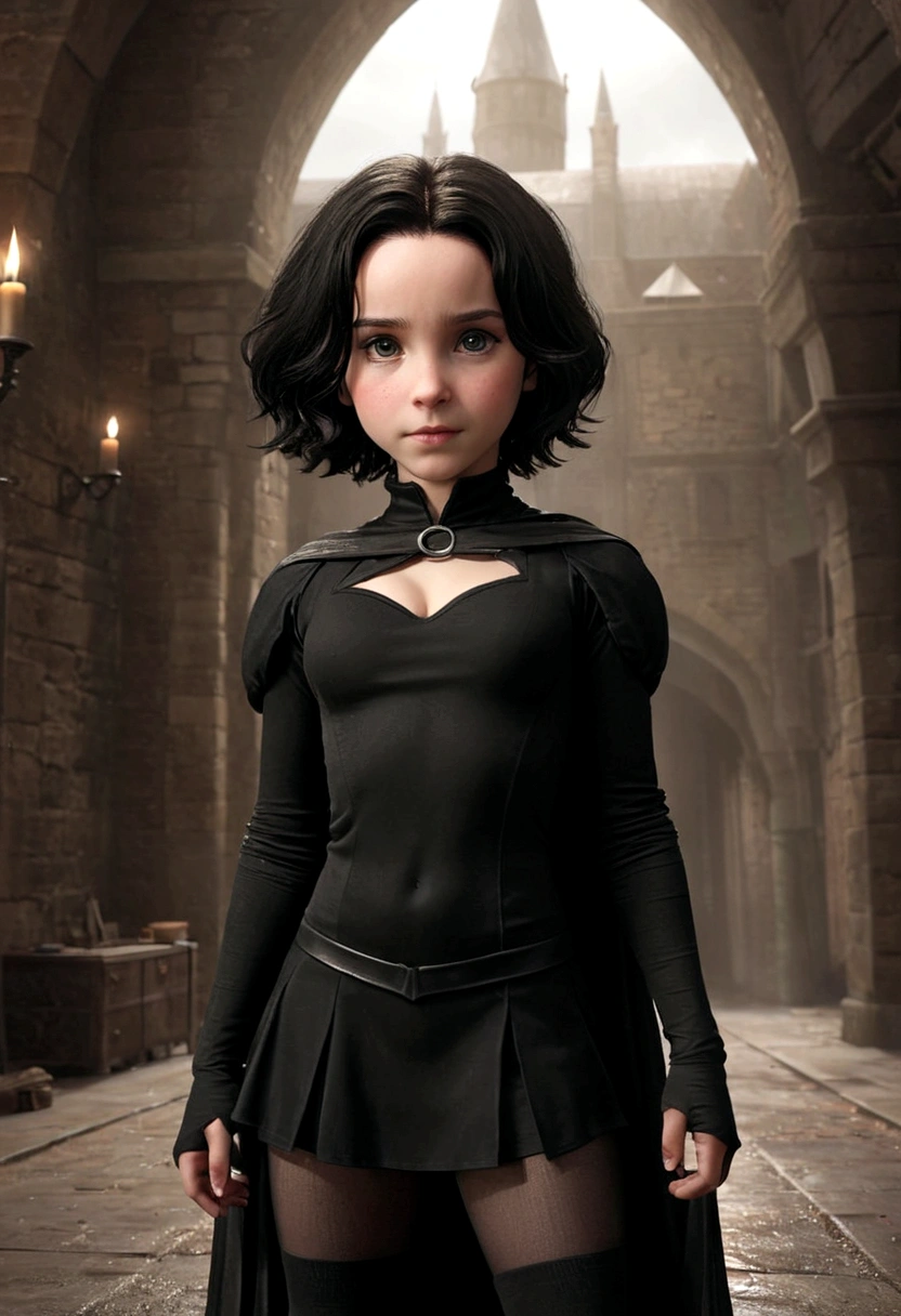 a young 9-year-old daughter of severus snape, pointy ears，Bigboobs，Two legs，Over-the-knee stockings，（Princess cut hairstyle），short detailed hair，Sideburns have long hair，succubi，have demon wings，Bikini swimsuit