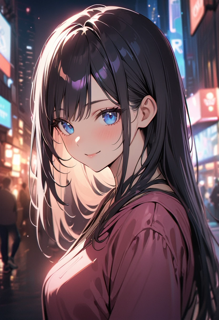 1 girl, long hair, black hair, straight hair, short bangs above brows, blue eyes, selfee, smile,
BREAK (masterpiece), (high resolution 8K), cinematic lighting, professional lighting, detailed eyes and face, detailed body,
BREAK shift dress,
BREAK outdoors, city,