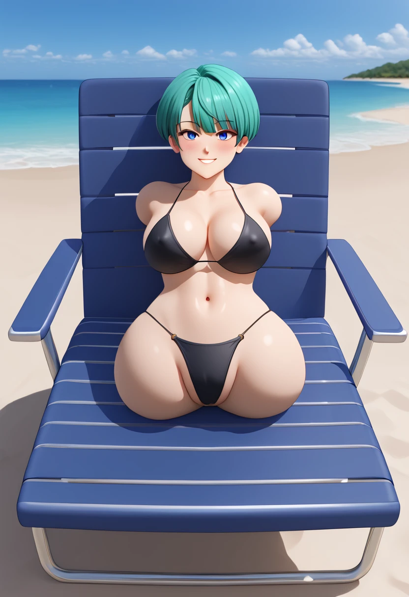 (best quality, masterpiece1.2), 3d,render,3d render,1girl,smile,((())), blush, woman, y, detailed, extreme detail, perfect lighting, 4k,lying on beach chair,beach chair,chair, beach, black bikini, wide hips, huge breEAK anime style, source anime,1girl, long hair,(((quadruple amputee:1.5))),(((((legsless, armsless:1.6)))),(high angle),parasol,biting lip,pussy,dark,short hair,bulma,green hair,blue eyes