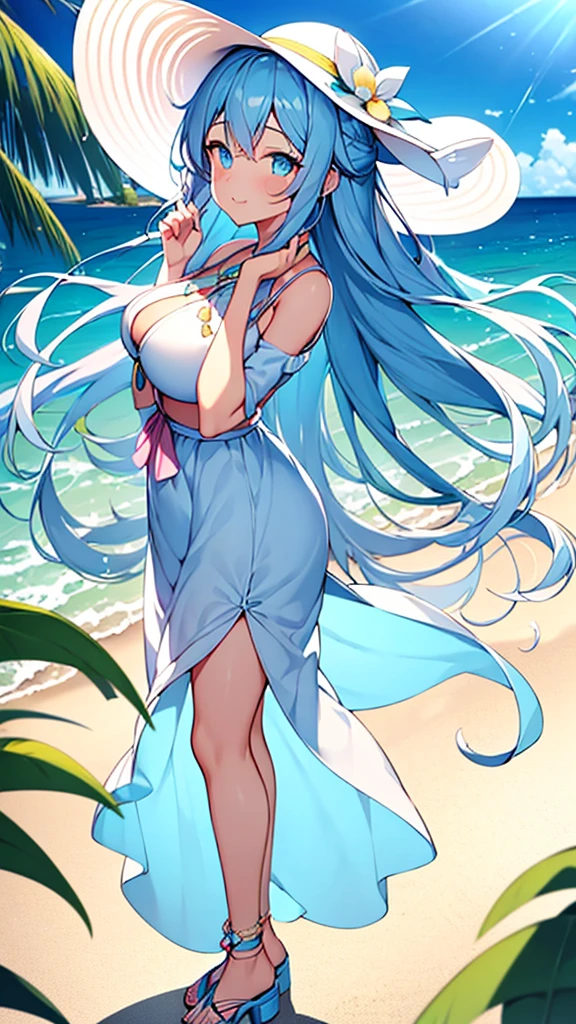 1woman, long blue hair, one bun, white summer hat, perfect eyes, light blue eyes, pink lipstick, serene face, yellow necklace, summer clothing, long blue summer dress with white flowers print, blue sandals, big breasts, big ass, beach background