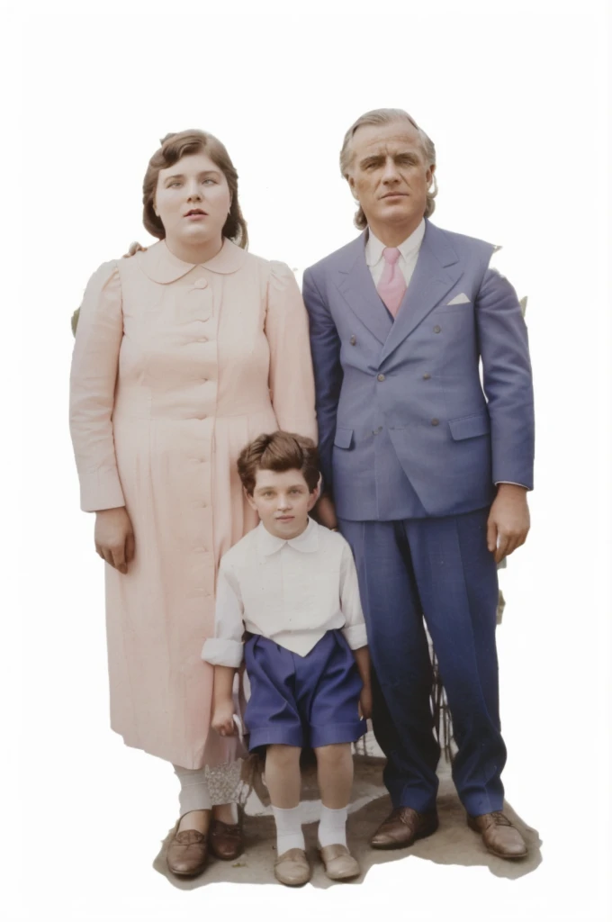 there is a man and a woman and a foot together, to colored photo, restored color, man in blue suit, lady in a pink dress and a boy in his white shirt