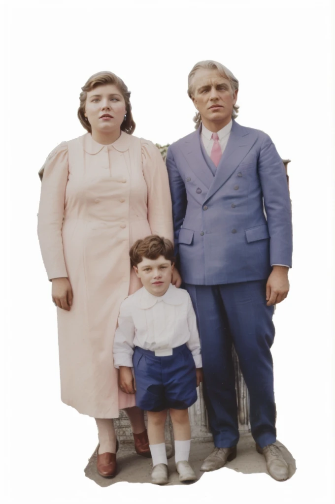 there is a man and a woman and a foot together, to colored photo, restored color, man in blue suit, lady in a pink dress and a boy in his white shirt