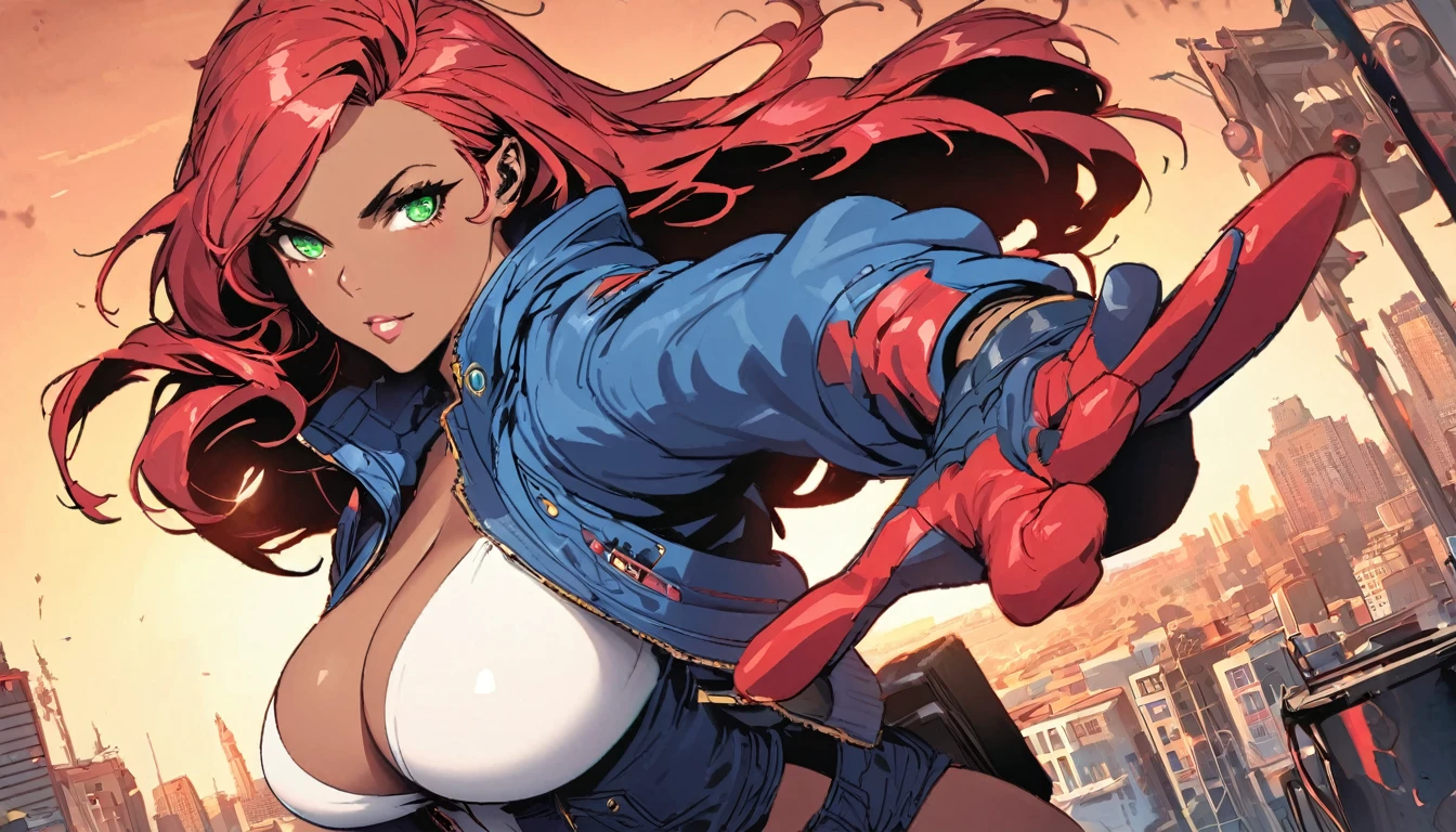 best quality,4k,8k,highres,masterpiece:1.2),ultra-detailed, extremely detailed eyes, extremely detailed body, (large masterpiece digital art), (detailed manga illustration), (detailed line art), ((perfect anatomy)), (intricate details:1.3), (ultra-detailed:1.3), (illustration:1.3), (sharp focus:1.3), (natural lighting:1.05), (vivid colors:1.3), (masterpiece), (best quality:1.4), (perfect anatomy:1.4), high quality, expressive eyes, full body, detailed face, beautiful face, perfect face, 1 girl, breasts, cleavage, gloves, large breasts, ultramarine jacket, very long hair, thigh length hair, ({dark skin}), dark-skinned female, detailed ((red hair)), messy hair, green eyes, gloves, jacket, hourglass physique, casual outfit, denim shorts, sneakers, graphic t-shirt, dynamic lighting, cityscape background curvy, Atey Ghailan, Jeremy Mann, Greg Manchess, Antonio Moro, trend in ArtStation, trend in CGSociety, Intricate, High Detail, Sharp focus, dramatic and photorealistic painting art by Midjourney and Greg Rutkowski, Jeff Bridges, ((cartoon style)), Marvel Cinematic Universe style, (((Boston in the background))), soft bokeh of Boston