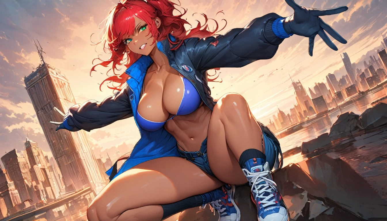 best quality,4k,8k,highres,masterpiece:1.2),ultra-detailed, extremely detailed eyes, extremely detailed body, (large masterpiece digital art), (detailed manga illustration), (detailed line art), ((perfect anatomy)), (intricate details:1.3), (ultra-detailed:1.3), (illustration:1.3), (sharp focus:1.3), (natural lighting:1.05), (vivid colors:1.3), (masterpiece), (best quality:1.4), (perfect anatomy:1.4), high quality, expressive eyes, full body, detailed face, beautiful face, perfect face, 1 girl, breasts, cleavage, gloves, large breasts, ultramarine jacket, very long hair, thigh length hair, ({dark skin}), dark-skinned female, detailed ((red hair)), messy hair, green eyes, gloves, jacket, hourglass physique, casual outfit, denim shorts, sneakers, graphic t-shirt, dynamic lighting, cityscape background curvy, Atey Ghailan, Jeremy Mann, Greg Manchess, Antonio Moro, trend in ArtStation, trend in CGSociety, Intricate, High Detail, Sharp focus, dramatic and photorealistic painting art by Midjourney and Greg Rutkowski, Jeff Bridges, ((cartoon style)), Marvel Cinematic Universe style, (((Boston in the background))), soft bokeh of Boston