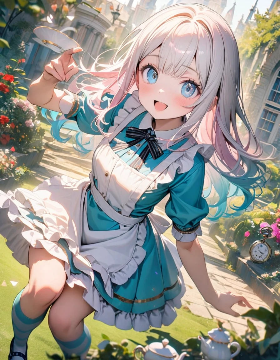 (8K, best quality, master piece: 1.2),triangular composition,1 cute Alice,solo,super high resolution, ultra-detailed face, detailed eyes,lash extension,perfect hands,perfect fingers,blue eyes,gradient hair(white hair, light pink hair) , long hair,Aqua ta fashion, white frilled apron,happy,black facinator ribbon decoration, Alice costume,striped pattern over-kneehighs,mary janes,teacup and teapot and Pocket watch are floating in the air,Alice is flying and dynamic pose,rim light, cute, Look at viewer,Garden