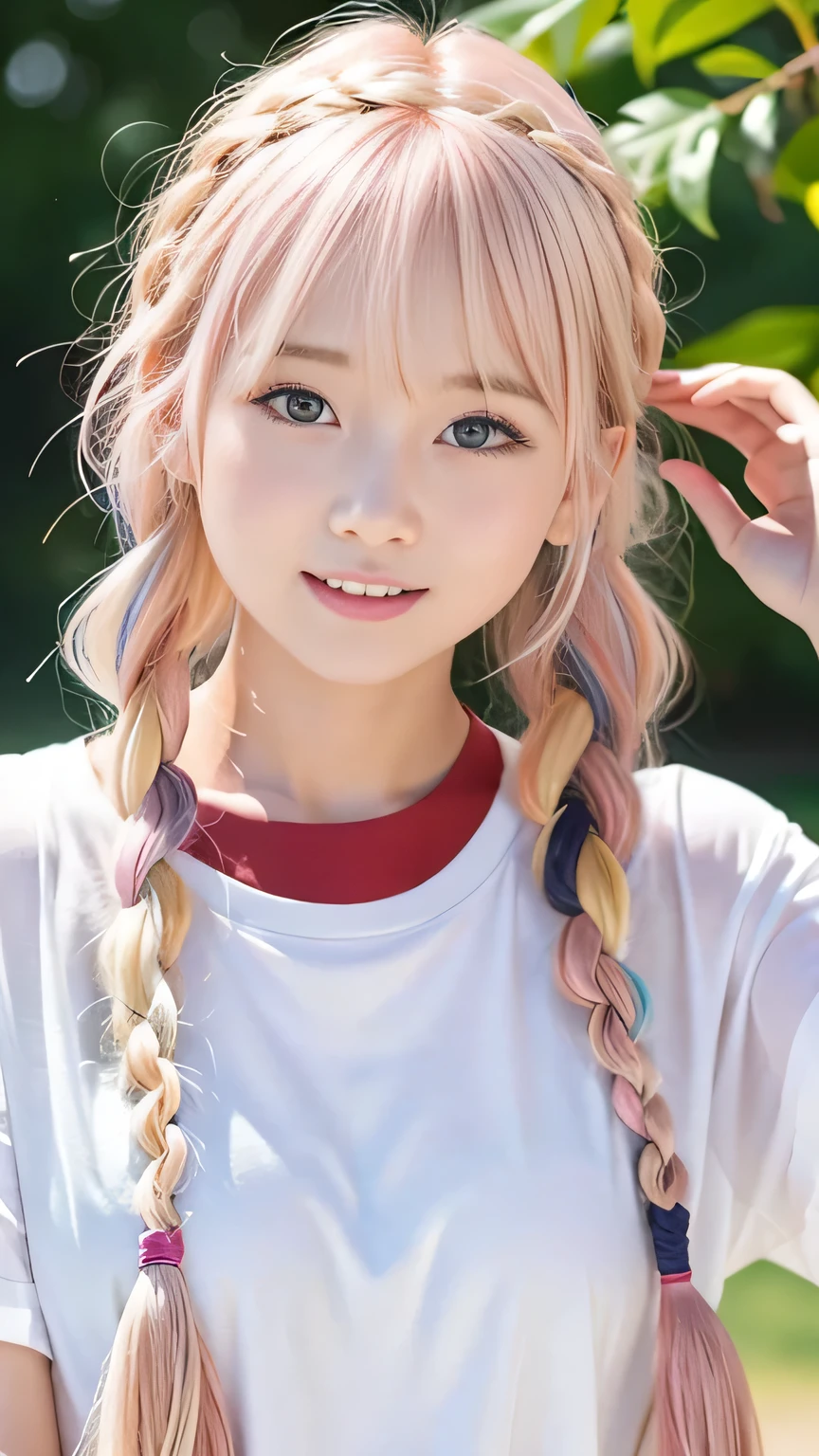 pale, Sunburned skin、Sunburn marks on Sunburned skin、Multicolored Hair、Pink Hair,blonde,Platinum Hair,Brown Hair、A cute  with a cute expression, A strong wind blows my hair in front of my face、beautiful long blonde French braided hair、beautiful, Cute eyes hidden by long bangs、yawn、Double teeth、Reduces the appearance of nasolabial folds、