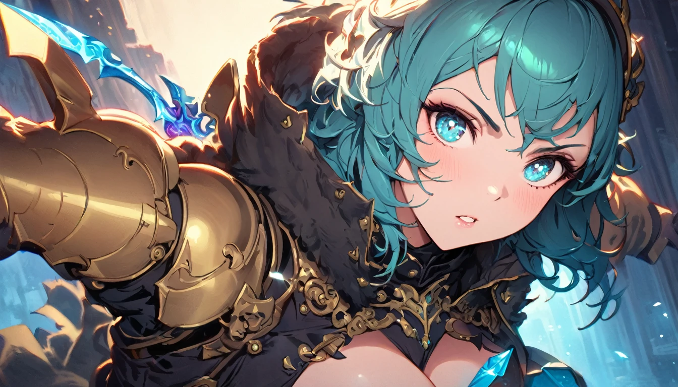 best quality,4k,8k,highres,masterpiece:1.2),ultra-detailed, extremely detailed eyes, extremely detailed body, (large masterpiece digital art), (detailed manga illustration), (detailed line art), ((perfect anatomy)), (intricate details:1.3), (ultra-detailed:1.3), (illustration:1.3), (sharp focus:1.3), (natural lighting:1.05), (vivid colors:1.3), (masterpiece), best quality, expressive eyes, perfect face, 1 girl, breasts, gloves, large breasts, {blue hair}, medium hair, wavy hair, (gray eyes), hourglass physique, huge ass, dynamic pose, dynamic lighting, fur trim, hair bun, glowing, crystal, helmet, armor, ((full armor)), cuisses, shoulder armor, belt, hand guard, boots, glove, particles stream, creationmagic, ethereal creation, Magic Circle, glowing, crystal, jim lee, Brazilian woman, hair bun, fur trim, jewelry, crystal, wild energy, cinematic lighting, heroic atmosphere, Beautiful woman, Atey Ghailan, Jeremy Mann, Greg Manchess, Antonio Moro, trend in ArtStation, trend in CGSociety, Intricate, High Detail, Sharp focus, dramatic and photorealistic painting art by Midjourney and Greg Rutkowski, Marvel Cinematic Universe style, (((mystical gothic castle in the background))), crystal sword in hand,