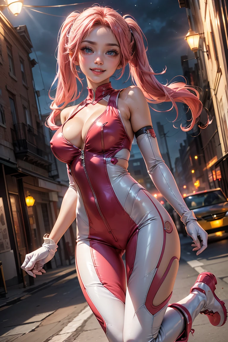 (masterpiece,top quality,high quality)), ((8K wallpaper unified with high definition CG)), (huge stunning goddess shot, so hot and sexy, jaw dropping beauty, perfect proportions, beautiful body, slim body beauty:1.3), ((Twin Tails)), A female hero who flies between buildings at night with her twin-tailed hair fluttering, ((wearing crimson bodysuit, bare shoulders, bare back, gloves, boots, face hidden, smiling:1.3)), action pose, dynamic composition,