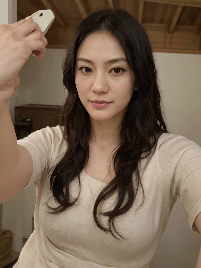1girl, solo, photorealistic, realistic, middle age, a 30-year-old woman, ordinary mature woman, Japanese woman, Japanese woman, Japanese face, body of 30-year-old woman, (curly black hair), long hair, dark eyes, small nose, pointy jawline, deep cheekbones, shovel-shaped incisor teeth, pale-white skin, ((((selfie shot)))), breast