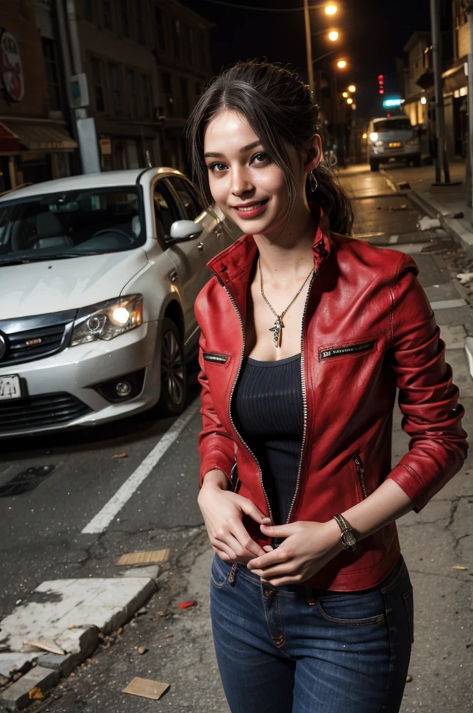 1girl, (realistic),(hyperrealism),(best quality),(masterpiece),(ultra high res),(photorealistic),idol,eye makeup,detailed eyes,detailed face,black dress, claireredfield2, brown hair, (red jacket:1.2), ponytail, (denim pants:1.3),, red wristband,, abandoned street, burning cars in background, littered street, smoke, chaos, zombie apocalypse, daytime, sunny,, hands in pocket, looking at viewer, smiling, closeup shot