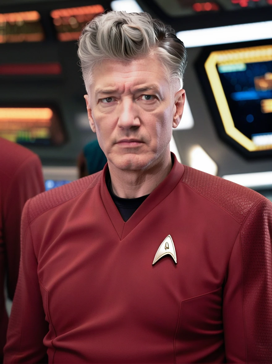 David Lynch in red stsnwunf uniform,on starship bridge,