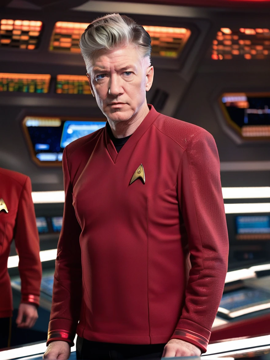 David Lynch in red stsnwunf uniform,on starship bridge,