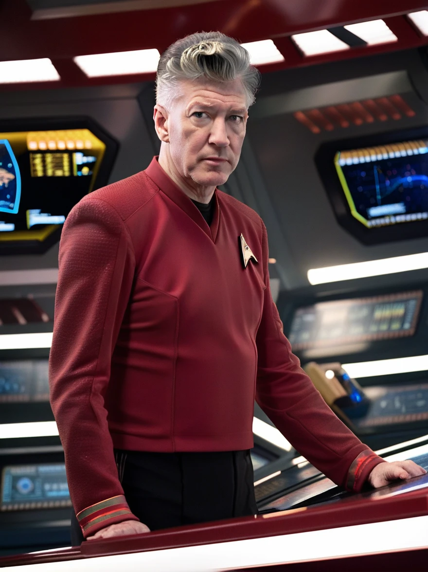 David Lynch in red stsnwunf uniform,on starship bridge,