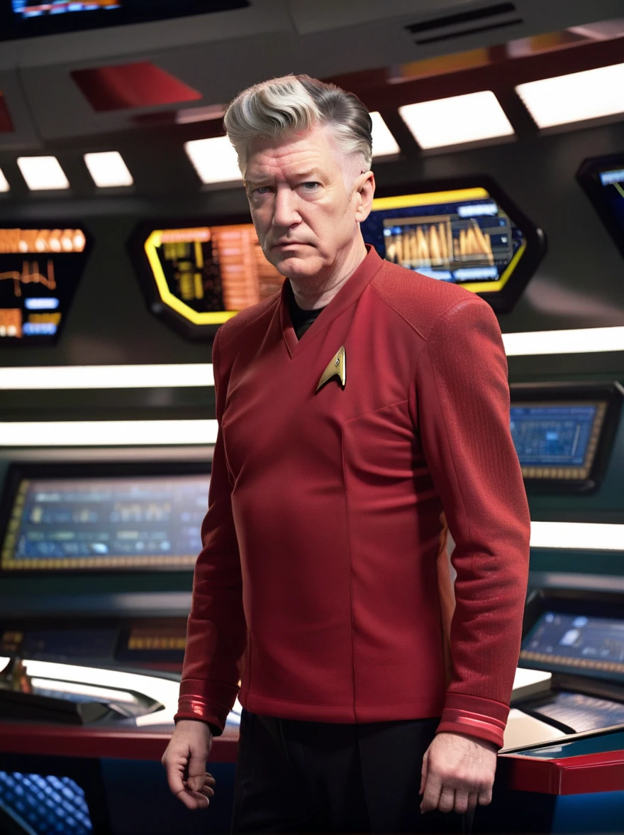 David Lynch in red stsnwunf uniform,on starship bridge,