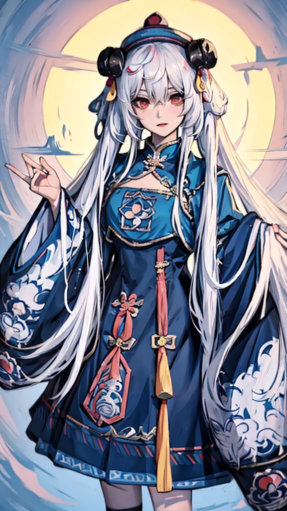 Woman with long white hair wearing black top and blue skirt, 独奏,Japanese Goddess, Anime Girl Cosplay, White Ji haircut, palace ， Girl wearing Hanfu, Deer Meet, Hanfu, Anime role playing, In line with Chinese aesthetics, 穿着Chinese Clothing, Chinese Clothing, Chinese, black hime cut hair, Chinese Girl, anime-inspired