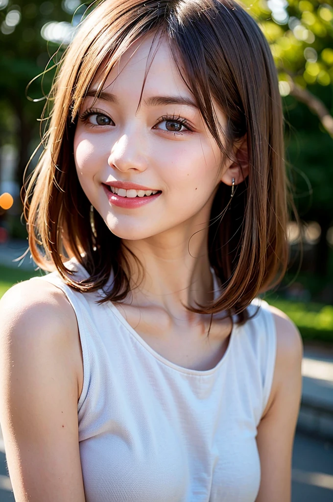 (8K, Raw photo:1.2), Detailed face and eyes,Best Quality, 超A high resolution, Highly detailed ,intricate detailes ,masutepiece ,Cute Girl , laughing, Soft cinematic light, Hyper-detailing,Sharp Focus, High quality, Blonde hair, bob cuts,   Blurred Background, Particles of light, Strong winds,