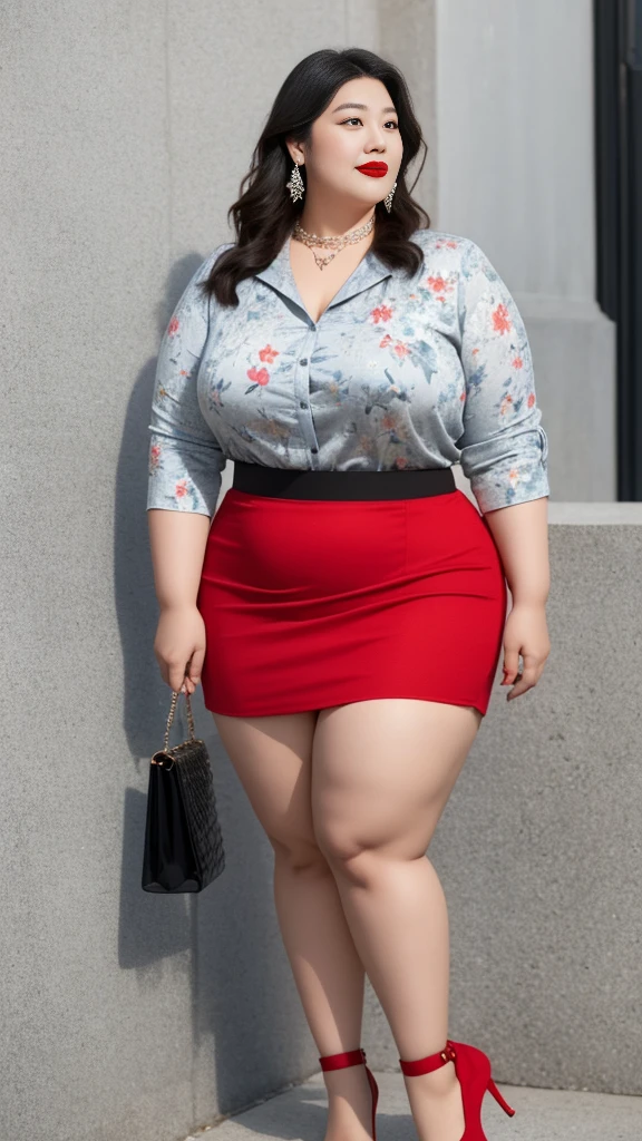 on the street,Fat woman,Very fat,Very fat,Light gray clothes (No cleavage),thigh, cosmetic, Outdoor sports, earrings, necklace, Floral shirt, High Aims Neck Knit Bodycon Skirt,full-body shot,An Asian Japanese woman,18 years old,big eyes,elegant temperament elegant temperament,(masterpiece:1.2, best quality), Practical, (The real situation,20 years old, Intricate details, Depth of Field,High Aims neck clothes), careful, The content is very detailed, This is a perfect face, Perfect body, Large Model, Mature woman, High Aims,Black fishnet garter stockings,8K,best quality, masterpiece, Ultra-high resolution,(lifelike:1.4), original photo, Stay focused, detailed, dramatic, Exquisite beautiful woman, (tall and straight:1.1),(Fat goddess striptease high collar,High Aims collar fitted skirt),half butterfly earrings, double ring necklace, (:1.05), (65 years old, : 1.4),Long hair, Dynamic Angle, (Red lips)Beautiful graphics, Red skirt and fishnet stockings,High Aims heel