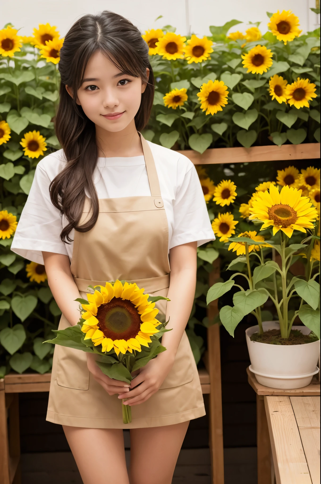 A 20-year-old girl working at a flower shop(Wearing a miniskirt and apron)have a sunflower