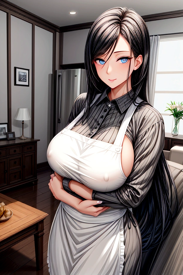 Mature woman, Beautiful, Sexy, mommy, big breasts, slim, long black hair, blue eyes, Wearing a white shirt and wearing a gray apron, crossing her arms, in the living room