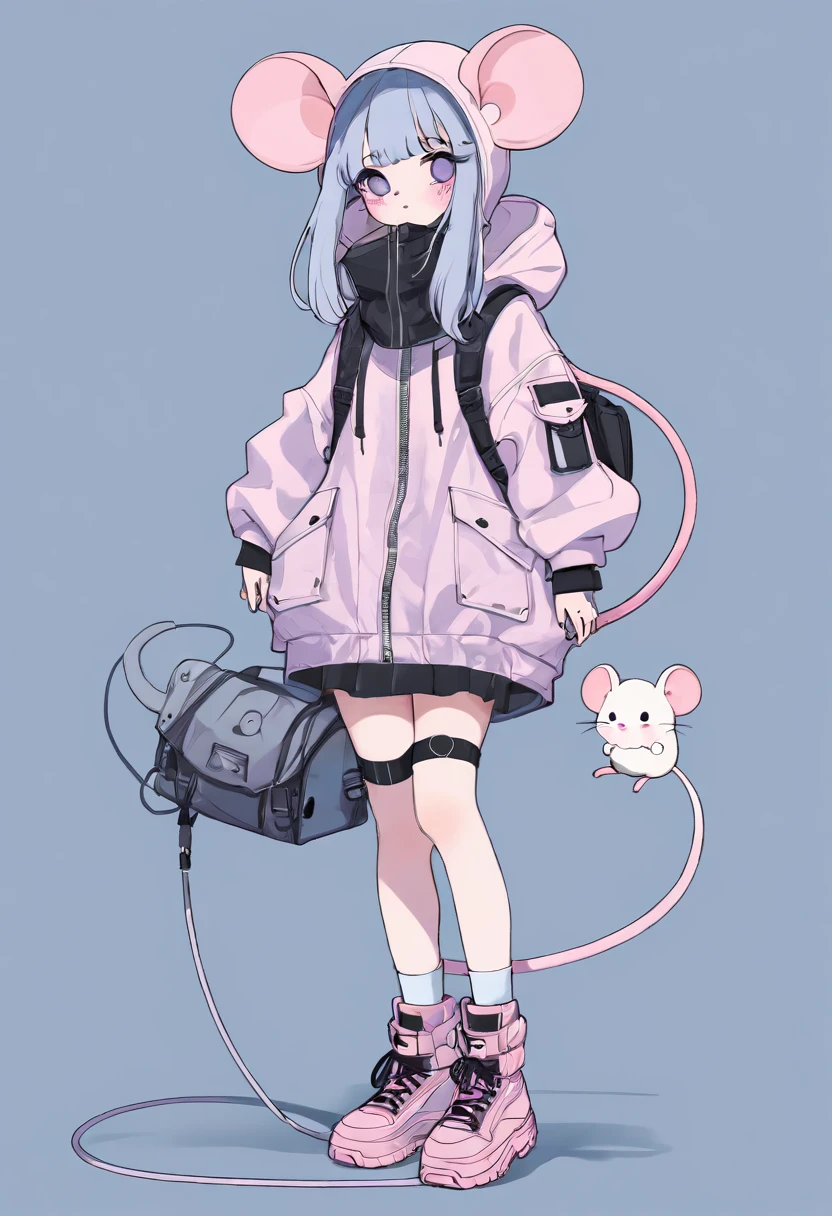 fashion, dress, cute, aesthetic, pastel, mouse girl, full body, techwear