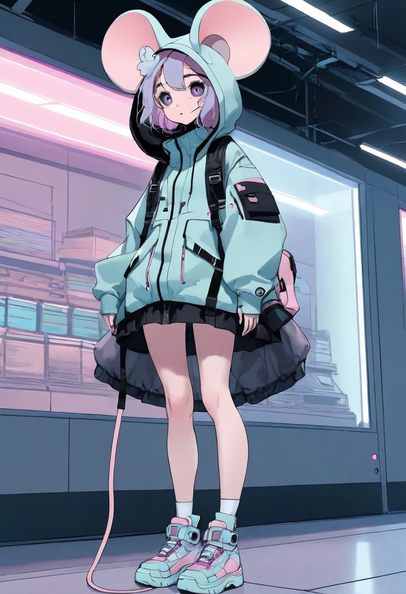 fashion, dress, cute, aesthetic, pastel, mouse girl, full body, techwear