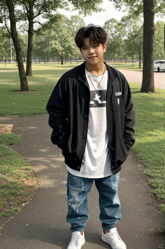 *The painting depicts Kim Woojin, an ex-member of the K-pop group Stray Kids, in a candid and natural pose. He is seen standing outside at a park, dressed in casual fashion, with a faint smile on his face. The background is a simple landscape of trees and greenery, adding to the natural and casual feel of the painting.* Old oil painting